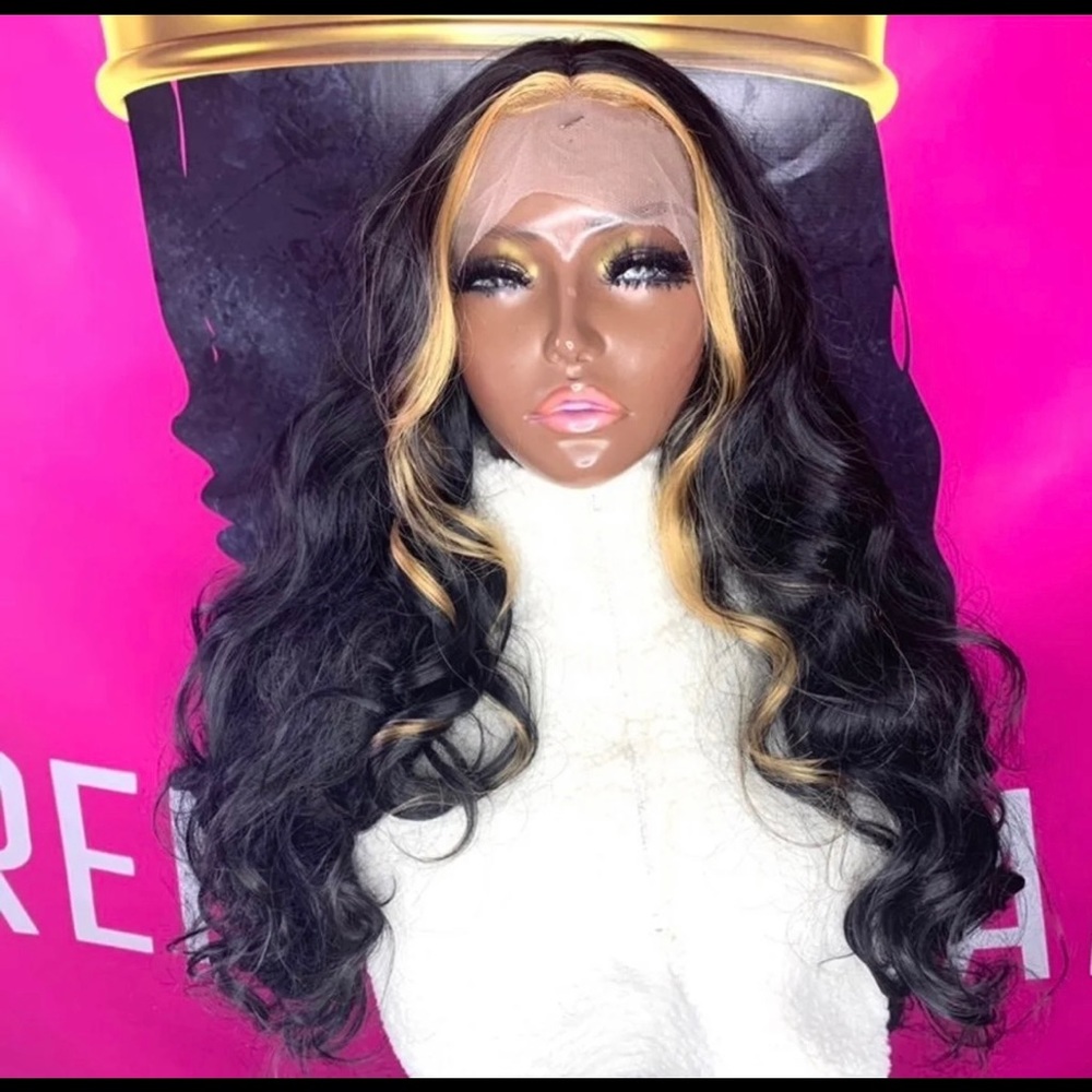 26inch Jet Black/Gold Skunk Patch Curly Lace Front Hair Wig with baby hairs!